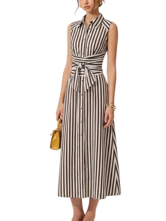 Commense Dresses & Skirts - Commense Brown Ivory Striped Linen Blend Tie Waist Maxi Midi Dress Small NWT